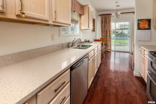 1002 Villa Ct, Carbondale, IL 62901 - kitchen featuring stainless steel appliances, dark wood-style flooring, light stone countertops, light brown cabinets, and a chandelier