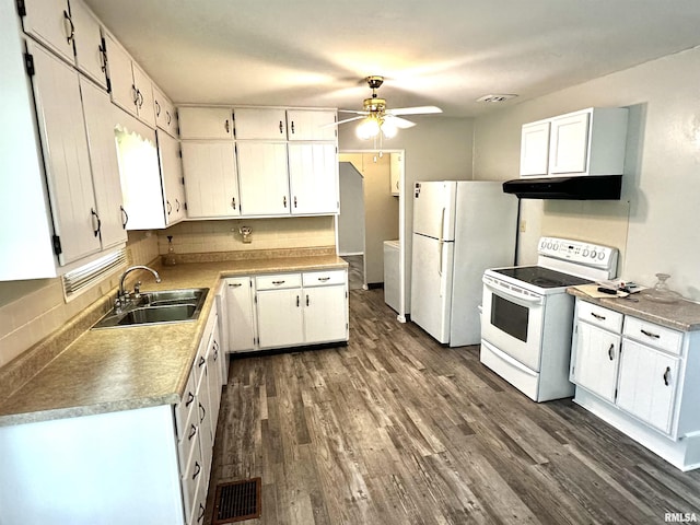 6 Charles Dr, Centralia, IL 62801 - kitchen featuring white range with electric stovetop, a ceiling fan, and white cabinets