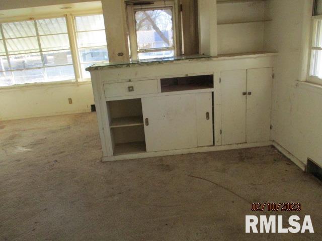 interior space featuring white cabinets, light carpet, and open shelves