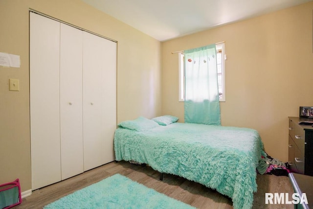 bedroom with hardwood / wood-style flooring and a closet