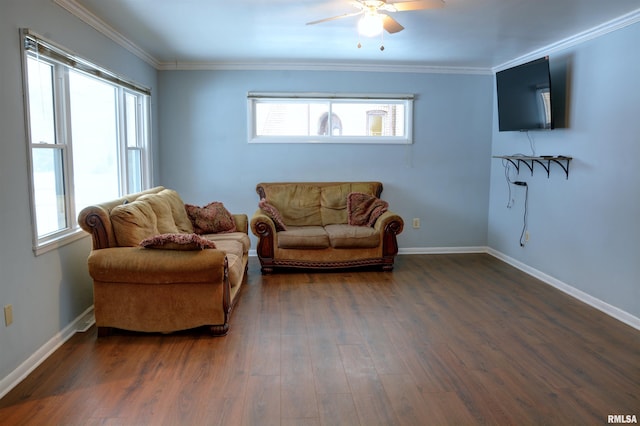 living room featuring ceiling fan, dark hardwood / wood-style flooring, and crown molding