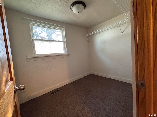 walk in closet with dark carpet