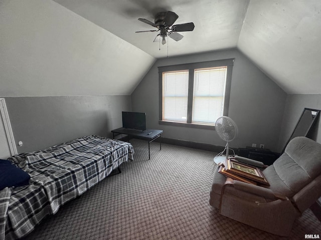 bedroom featuring carpet, ceiling fan, and lofted ceiling