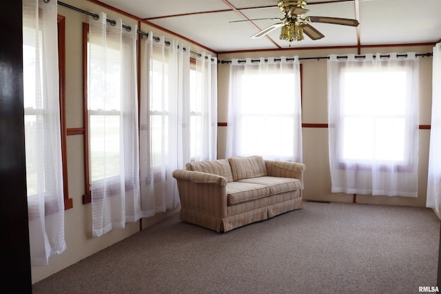 spare room featuring a healthy amount of sunlight, ceiling fan, and carpet floors