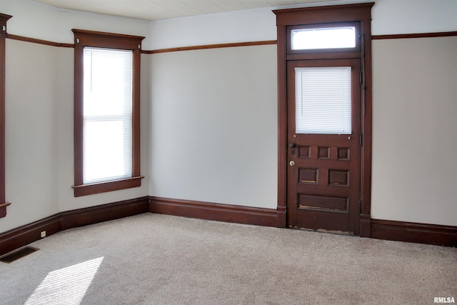 foyer entrance with a healthy amount of sunlight and carpet flooring