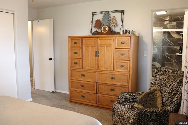 bedroom featuring light carpet