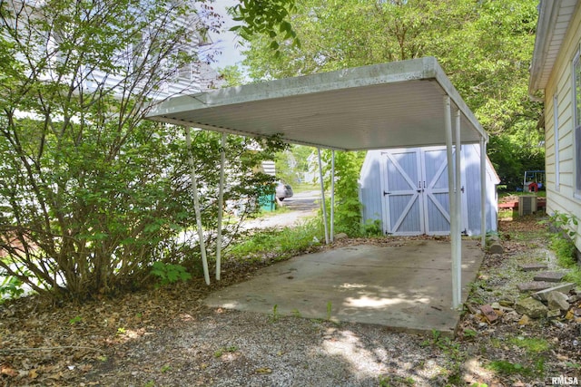 exterior space with a shed