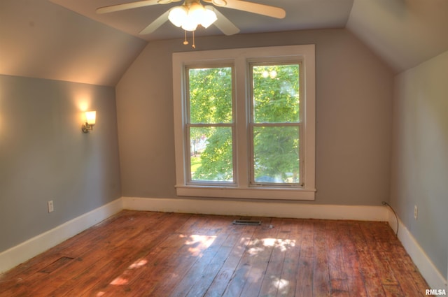 bonus room with ceiling fan, vaulted ceiling, and hardwood / wood-style floors