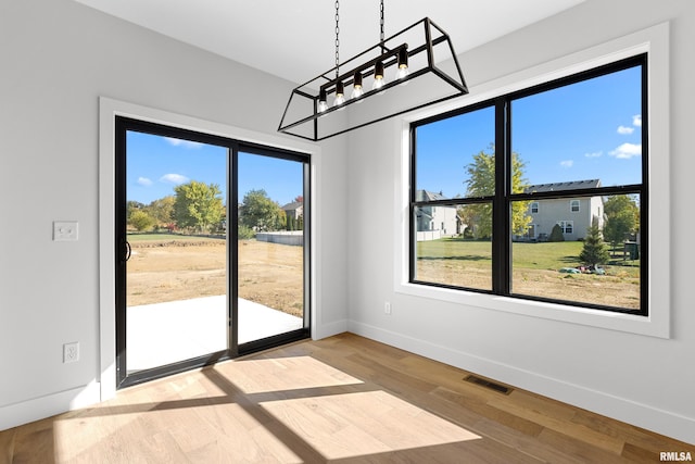 unfurnished dining area with hardwood / wood-style floors and plenty of natural light