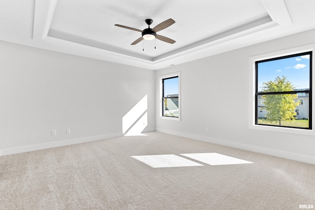 carpeted spare room featuring ceiling fan, a tray ceiling, and plenty of natural light