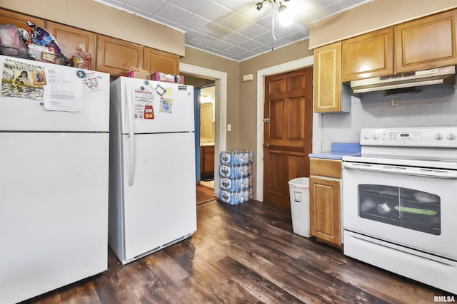 kitchen with dark wood-type flooring and white appliances