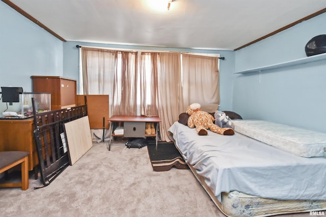 bedroom with light colored carpet and ornamental molding