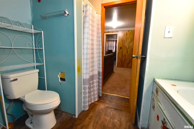 bathroom featuring vanity, toilet, and wood-type flooring