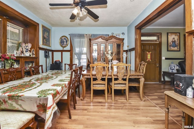 dining area with ceiling fan, a textured ceiling, and light hardwood / wood-style flooring