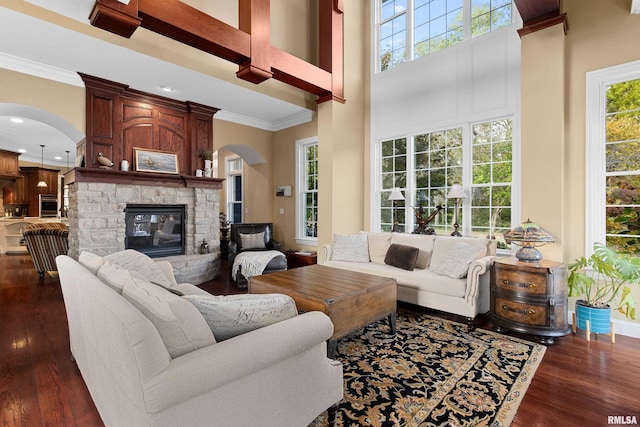 living room featuring a stone fireplace, dark wood-style floors, and arched walkways