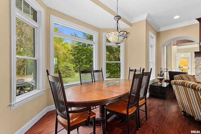 dining room featuring crown molding, arched walkways, dark wood finished floors, and a healthy amount of sunlight