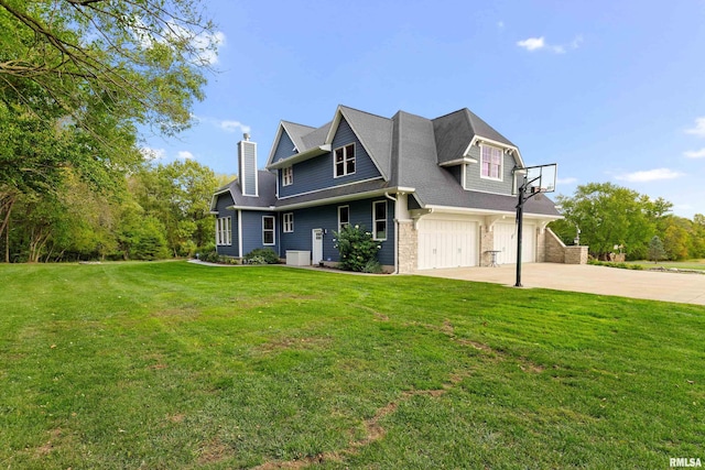 craftsman-style house featuring a front lawn, driveway, a chimney, a garage, and a shingled roof