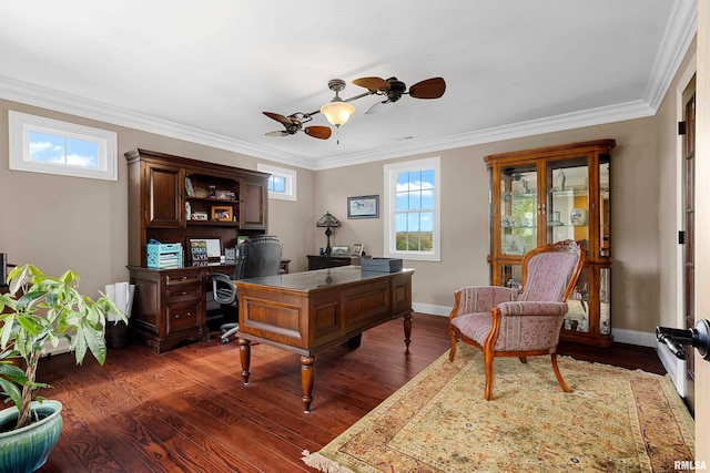 office featuring dark wood-style flooring, crown molding, baseboards, and ceiling fan