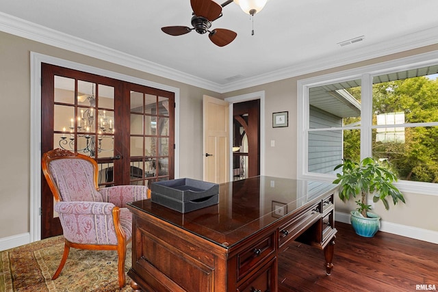 office featuring baseboards, a ceiling fan, visible vents, and plenty of natural light