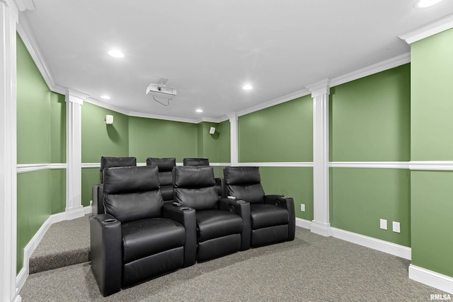 cinema with recessed lighting, carpet floors, baseboards, and ornamental molding