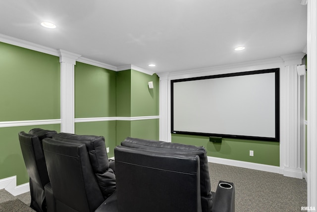 carpeted cinema featuring decorative columns, baseboards, recessed lighting, and crown molding