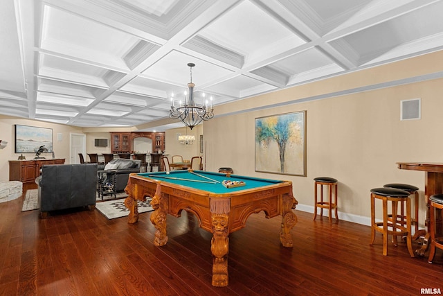 game room featuring hardwood / wood-style floors, billiards, beamed ceiling, baseboards, and coffered ceiling