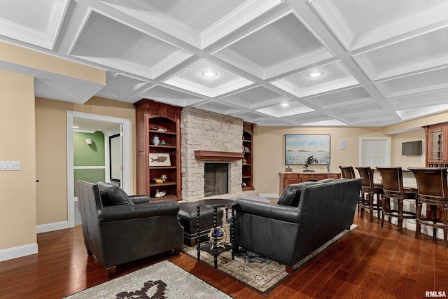 living area featuring baseboards, a fireplace, coffered ceiling, and dark wood-style flooring