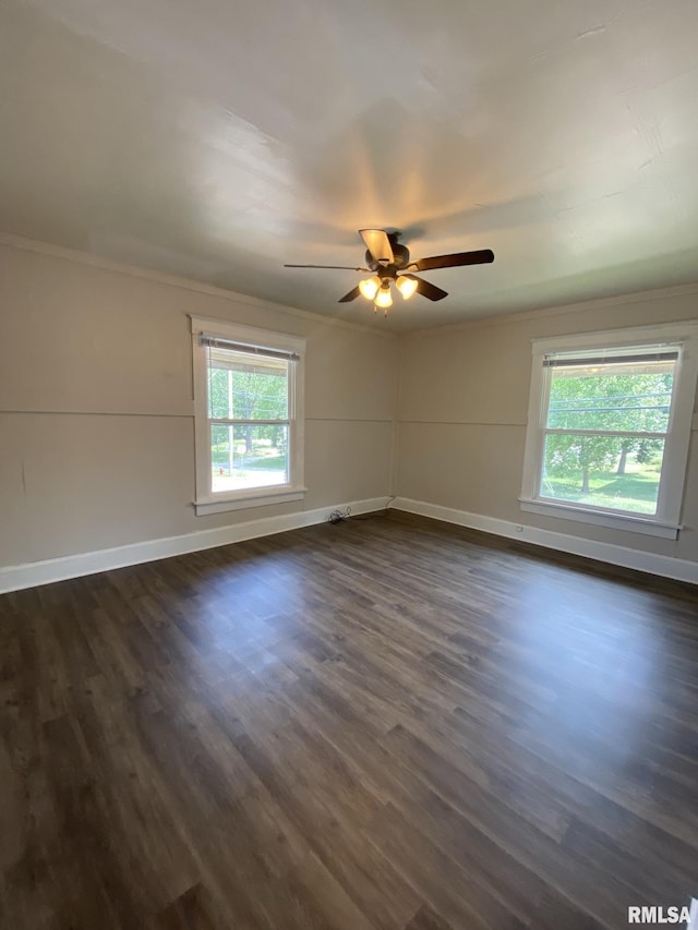 spare room featuring ornamental molding, a wealth of natural light, ceiling fan, and dark hardwood / wood-style flooring