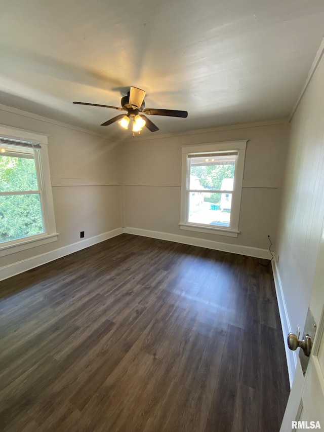 unfurnished room with dark wood-type flooring, ceiling fan, and ornamental molding