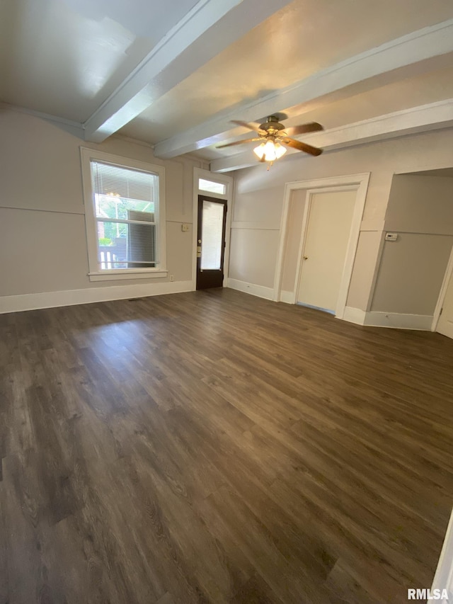 interior space featuring dark hardwood / wood-style floors, ceiling fan, and beam ceiling