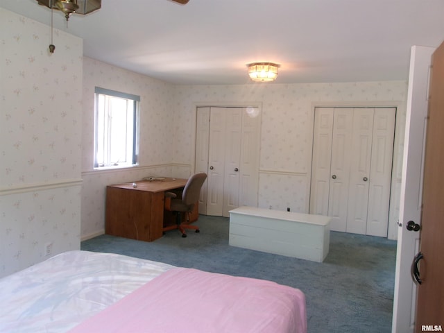 bedroom featuring carpet floors and two closets