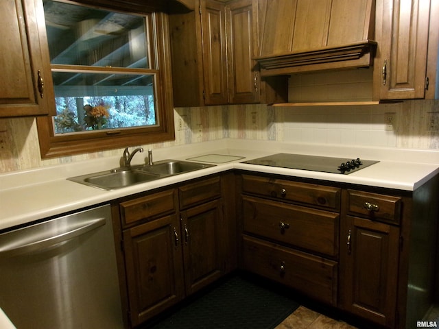 kitchen with sink, backsplash, exhaust hood, dishwasher, and black electric cooktop