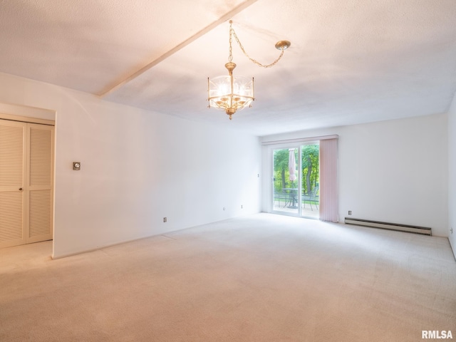 unfurnished room with light carpet, a baseboard radiator, a chandelier, and a textured ceiling