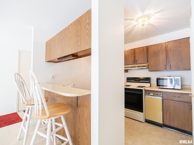 kitchen featuring dishwashing machine, under cabinet range hood, electric stove, light countertops, and stainless steel microwave