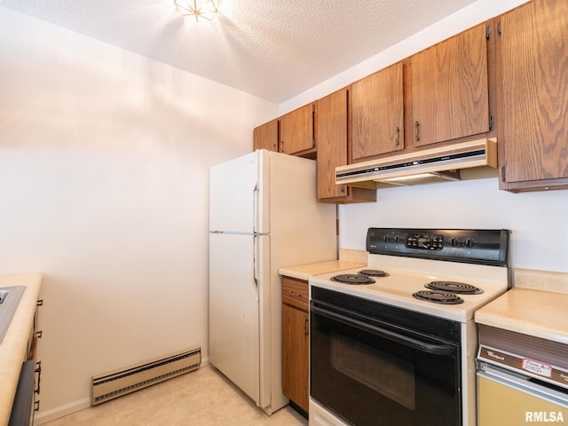 kitchen featuring brown cabinetry, electric stove, light countertops, under cabinet range hood, and a baseboard heating unit