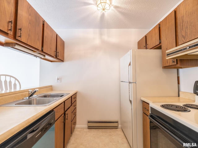 kitchen featuring dishwasher, electric range oven, a baseboard radiator, light countertops, and a sink