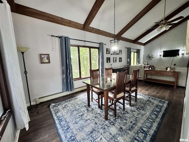 dining space featuring a baseboard heating unit, dark wood-type flooring, beamed ceiling, and high vaulted ceiling