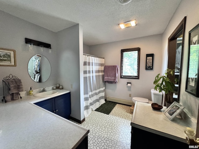 full bathroom with vanity, baseboards, a textured ceiling, toilet, and baseboard heating