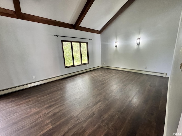 unfurnished room with beam ceiling, wood finished floors, and a baseboard radiator