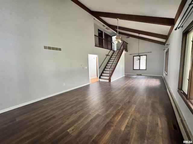 unfurnished living room with visible vents, baseboards, dark wood finished floors, stairs, and beam ceiling