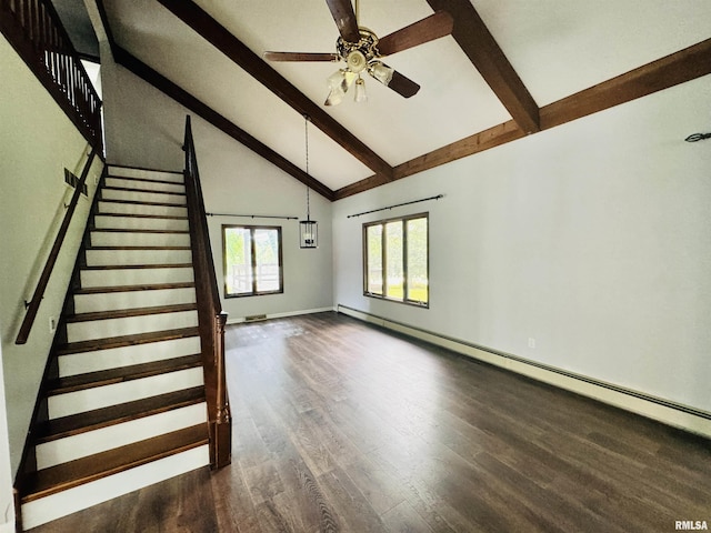 unfurnished living room with a baseboard heating unit, beam ceiling, stairs, and dark wood-style floors