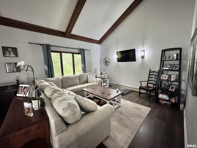 living room featuring dark wood finished floors, beam ceiling, a baseboard radiator, and high vaulted ceiling