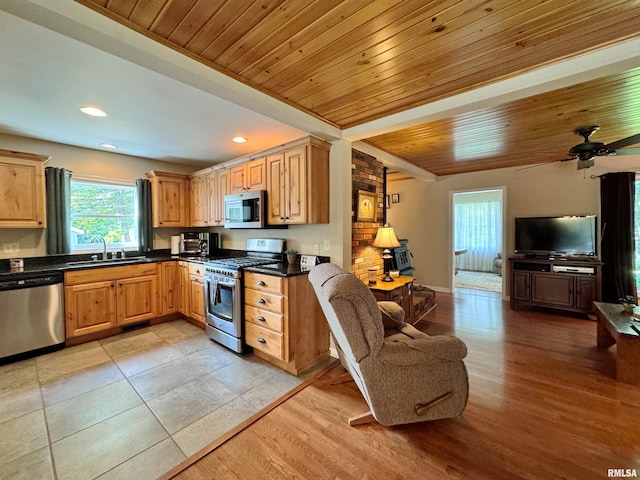 kitchen featuring wood ceiling, ceiling fan, sink, light hardwood / wood-style floors, and stainless steel appliances