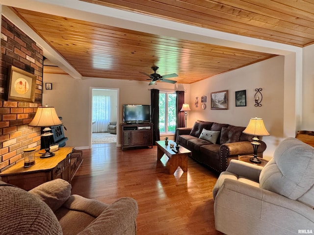 living room featuring ceiling fan, wood ceiling, and hardwood / wood-style floors