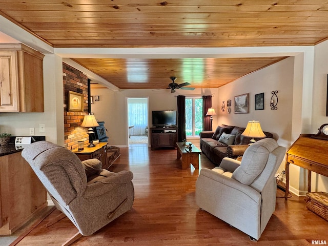 living room with ceiling fan, hardwood / wood-style flooring, and wooden ceiling