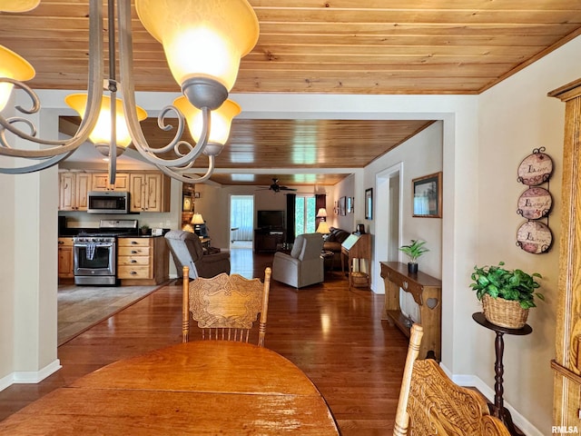 dining space featuring wood ceiling, ceiling fan with notable chandelier, and dark hardwood / wood-style flooring