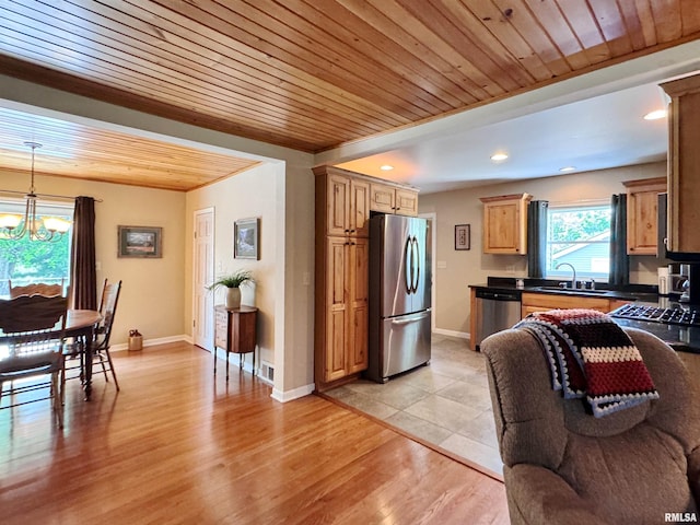 kitchen featuring appliances with stainless steel finishes, sink, wooden ceiling, light hardwood / wood-style flooring, and an inviting chandelier