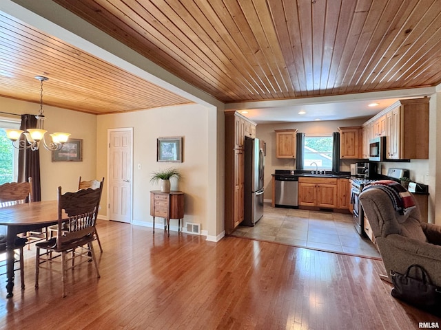 dining area featuring an inviting chandelier, light hardwood / wood-style flooring, sink, and wooden ceiling