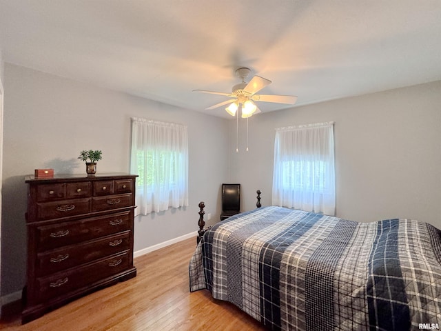 bedroom featuring light wood-type flooring and ceiling fan