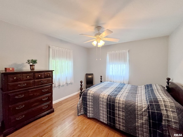 bedroom featuring light hardwood / wood-style flooring and ceiling fan